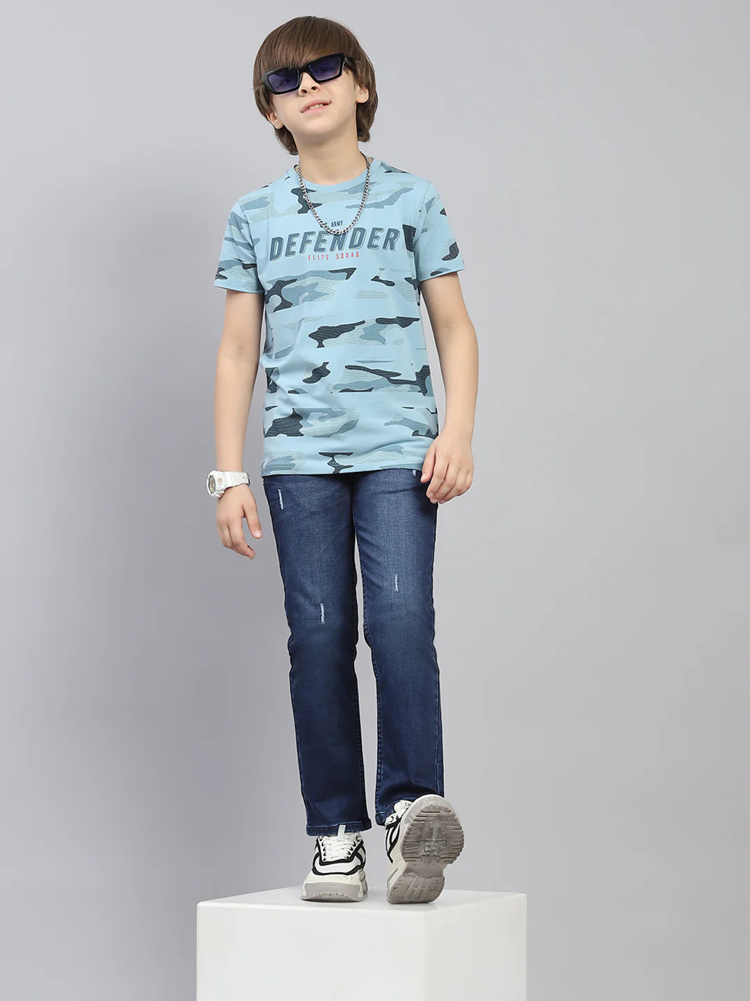 Boys Blue Printed Round Neck Half Sleeve T-Shirt - Image 2