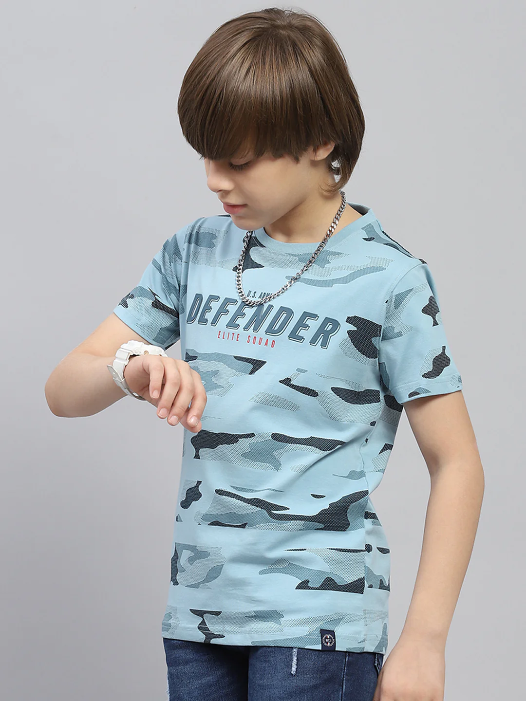 Boys Blue Printed Round Neck Half Sleeve T-Shirt - Image 3
