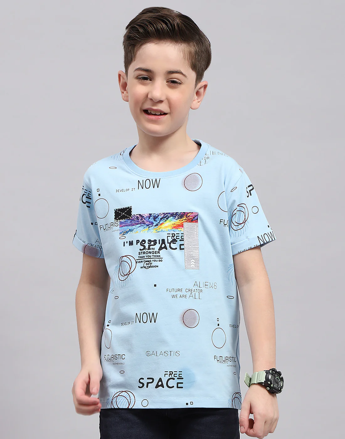 Boys Blue Printed Round Neck Half Sleeve T-Shirt - Image 2