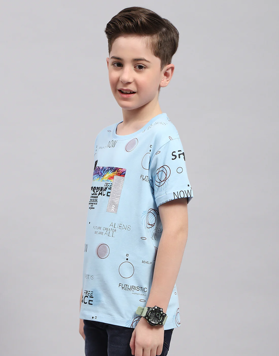 Boys Blue Printed Round Neck Half Sleeve T-Shirt - Image 3