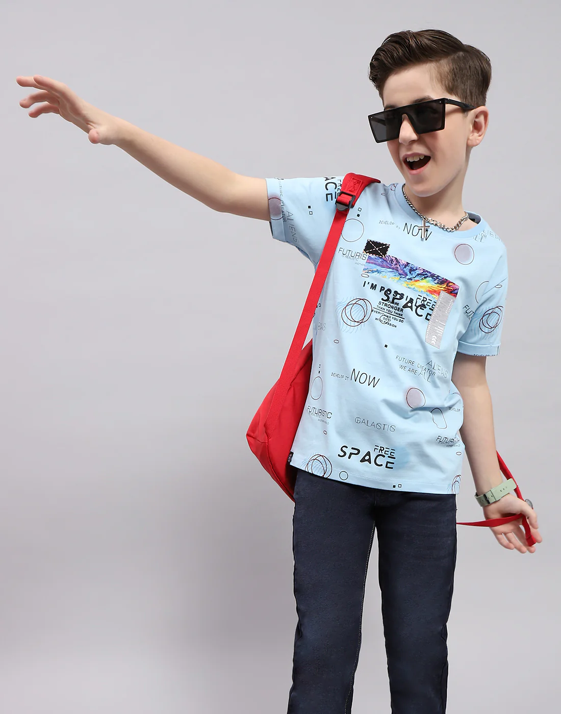 Boys Blue Printed Round Neck Half Sleeve T-Shirt - Image 6