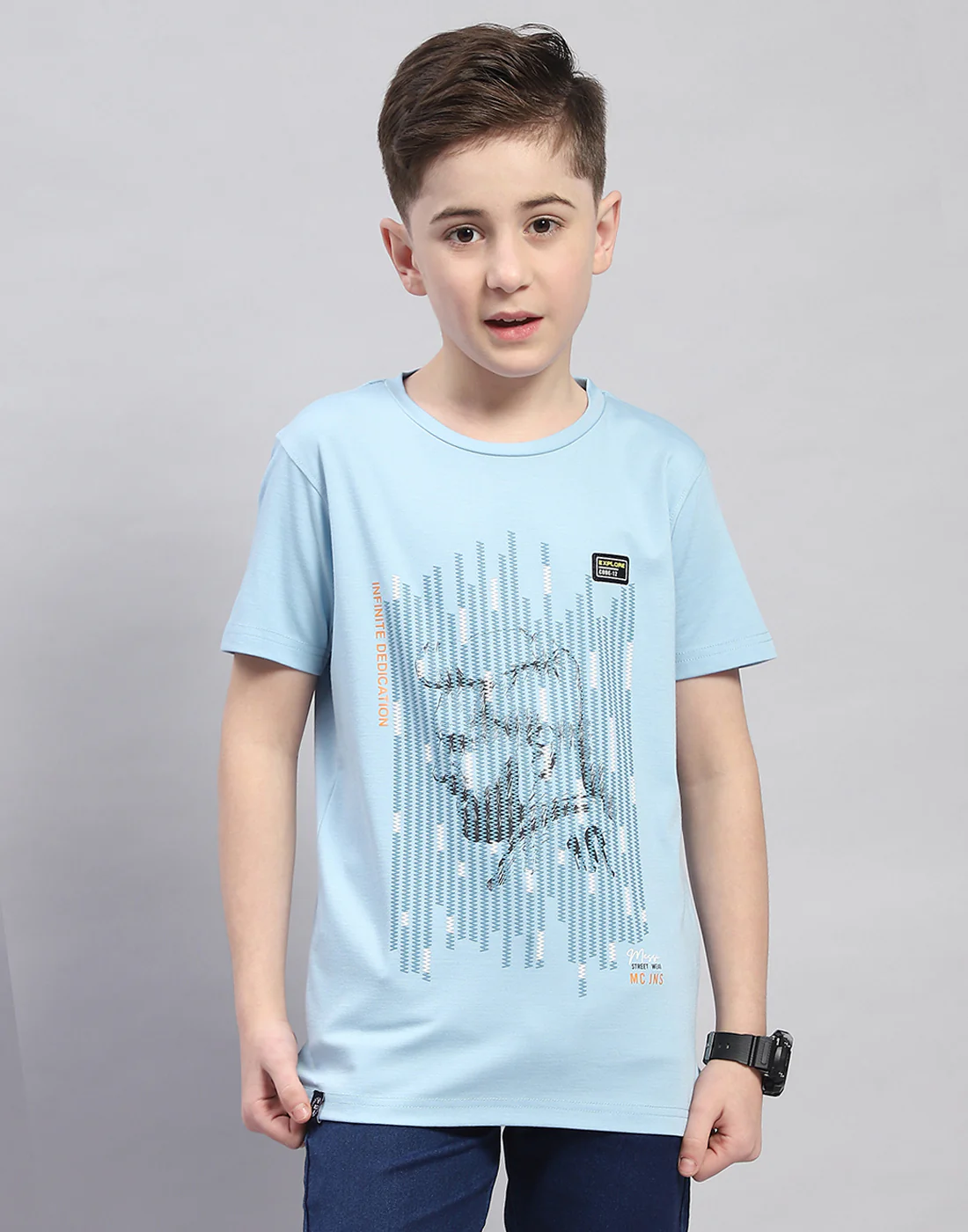 Boys Blue Printed Round Neck Half Sleeve T-Shirt - Image 2