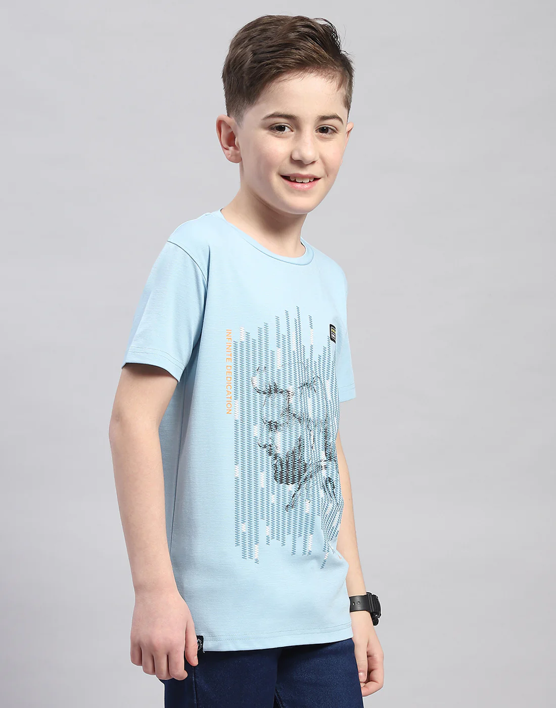 Boys Blue Printed Round Neck Half Sleeve T-Shirt - Image 4