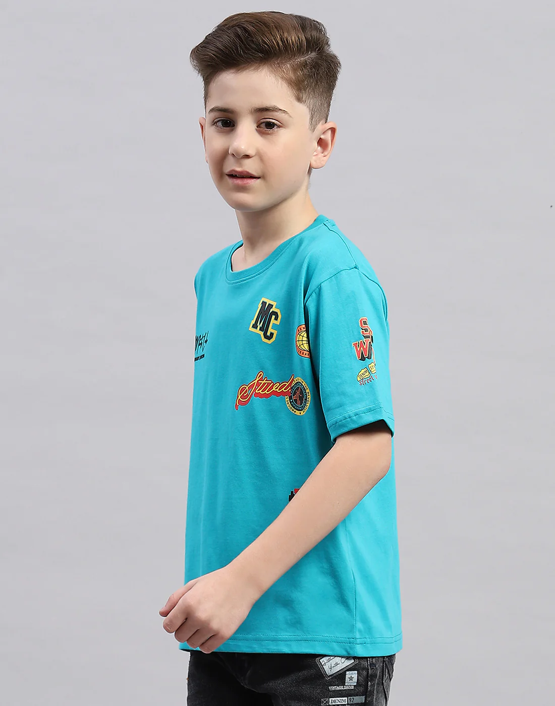 Boys Blue Printed Round Neck Half Sleeve T-Shirt - Image 3