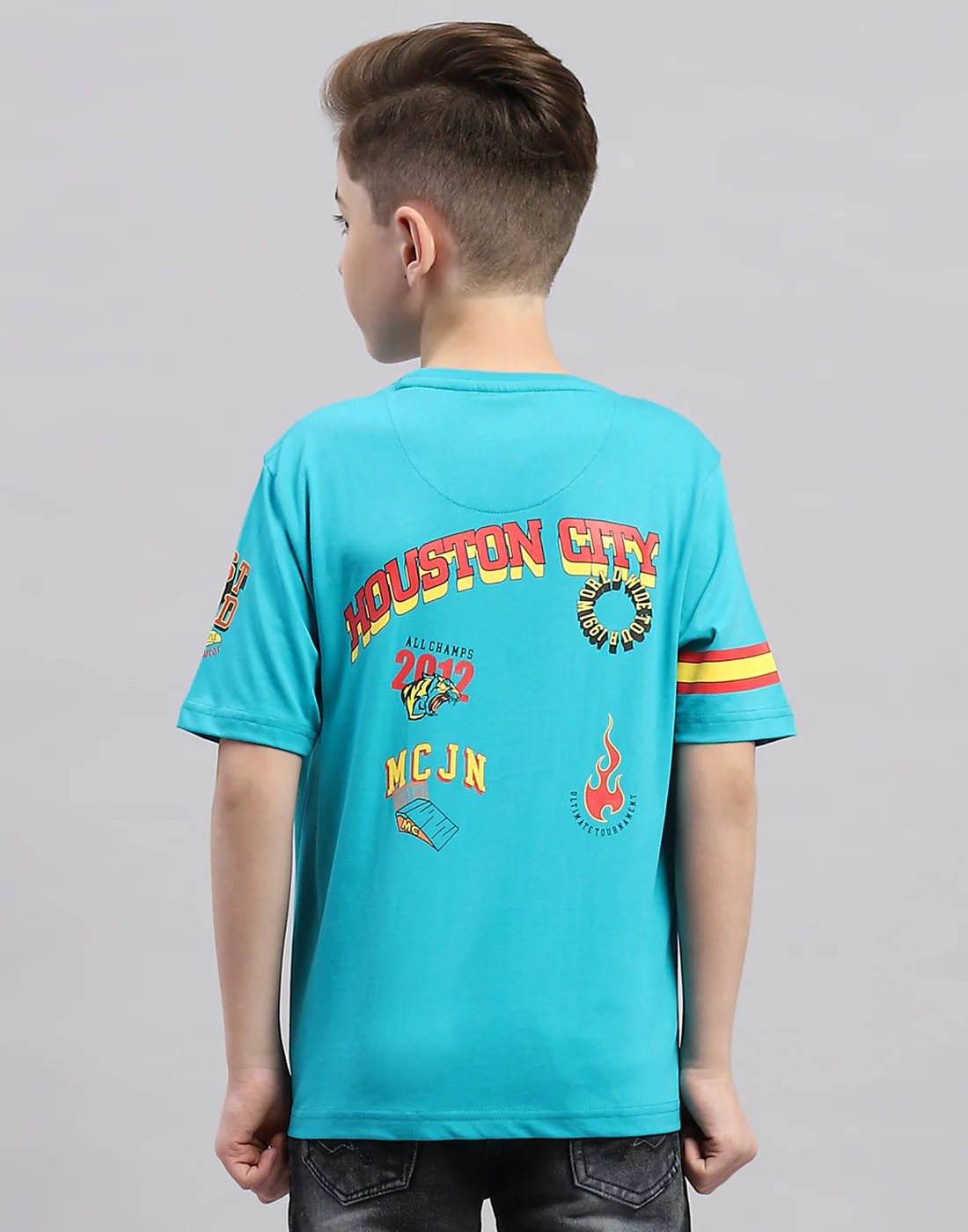 Boys Blue Printed Round Neck Half Sleeve T-Shirt - Image 5