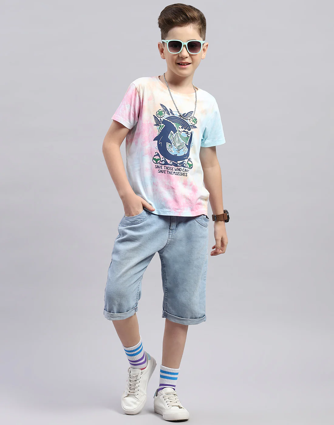Boys Blue Printed Round Neck Half Sleeve T-Shirt - Image 2