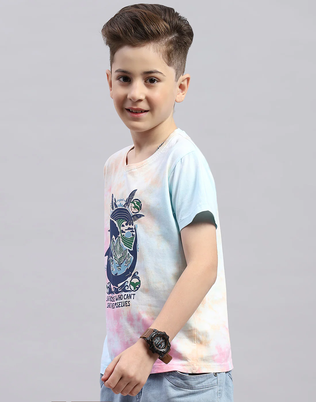 Boys Blue Printed Round Neck Half Sleeve T-Shirt - Image 4