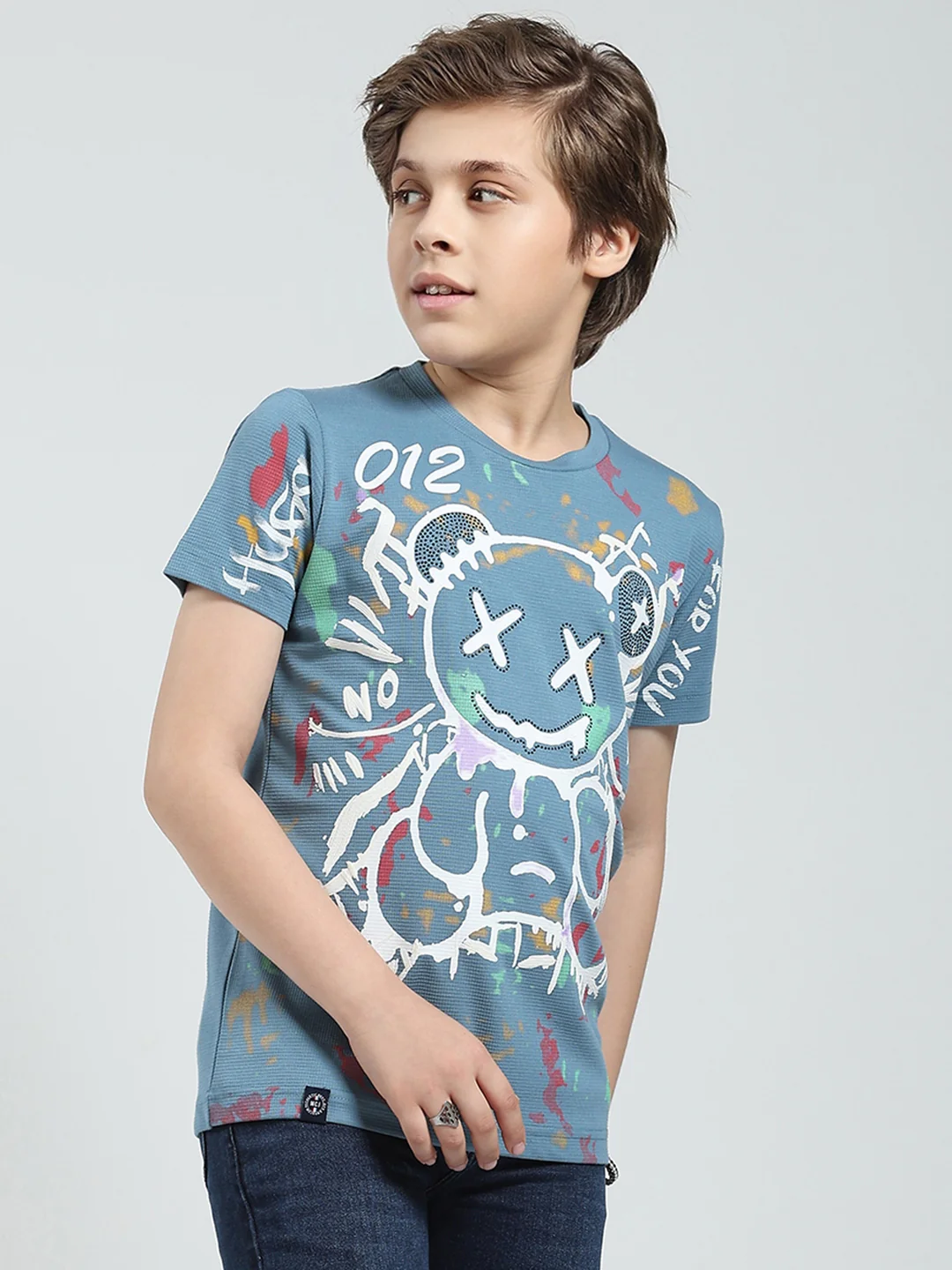 Boys Blue Printed Round Neck Half Sleeve T-Shirt - Image 4