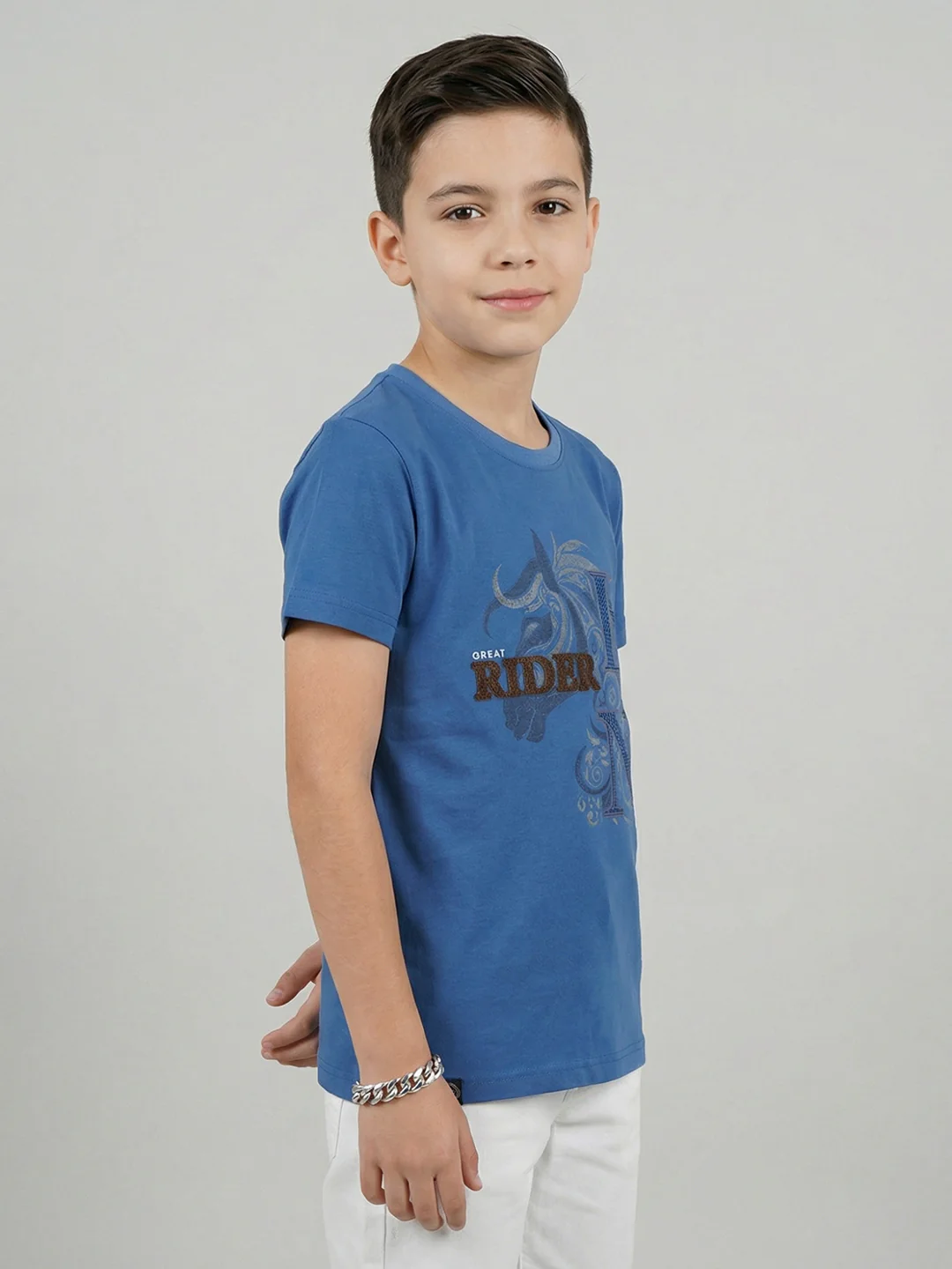 Boys Blue Printed Round Neck Half Sleeve T-Shirt - Image 3