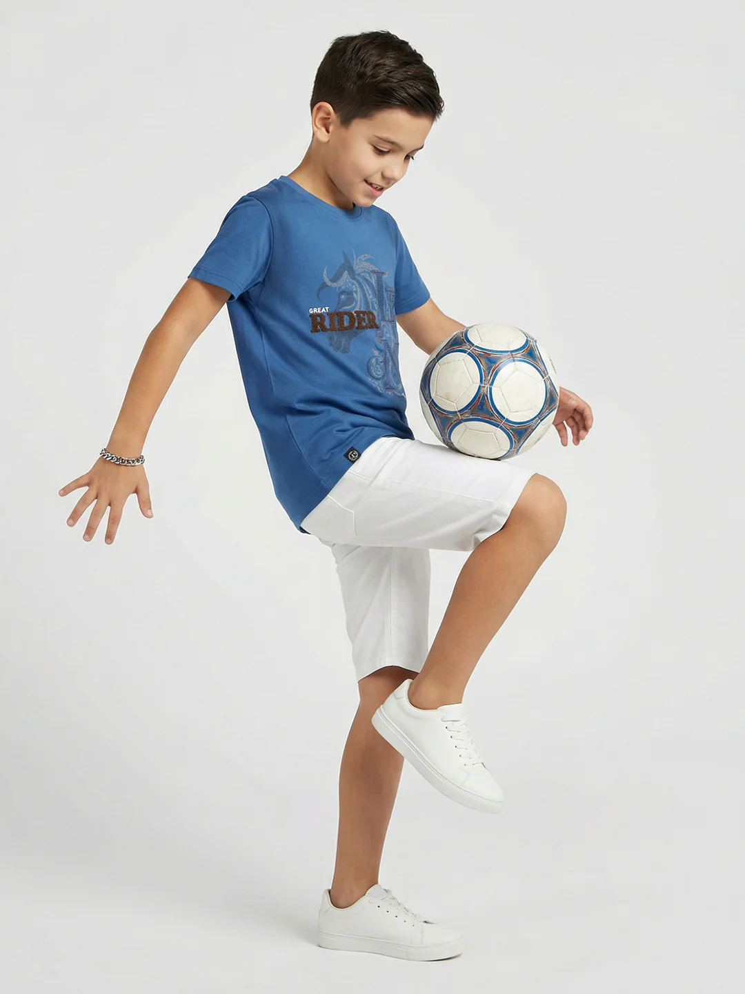 Boys Blue Printed Round Neck Half Sleeve T-Shirt - Image 5
