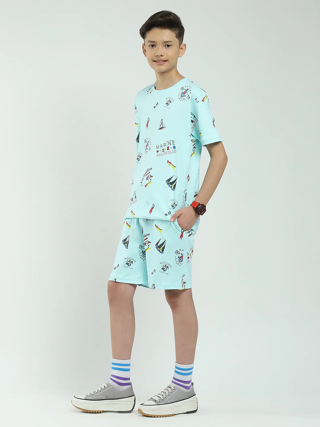 Boys Blue Printed Round Neck Half Sleeve Bermuda Set - Image 3
