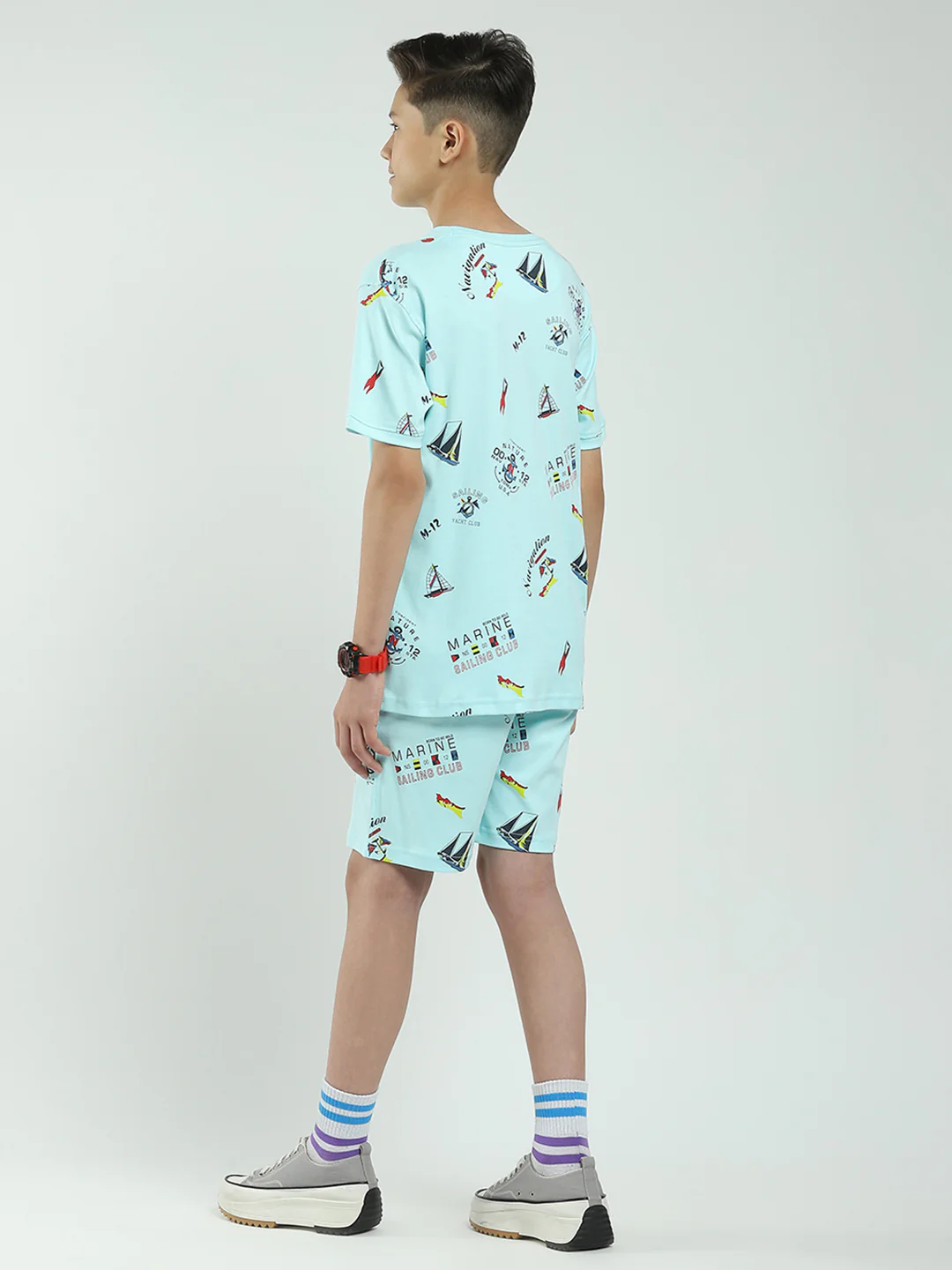Boys Blue Printed Round Neck Half Sleeve Bermuda Set - Image 5