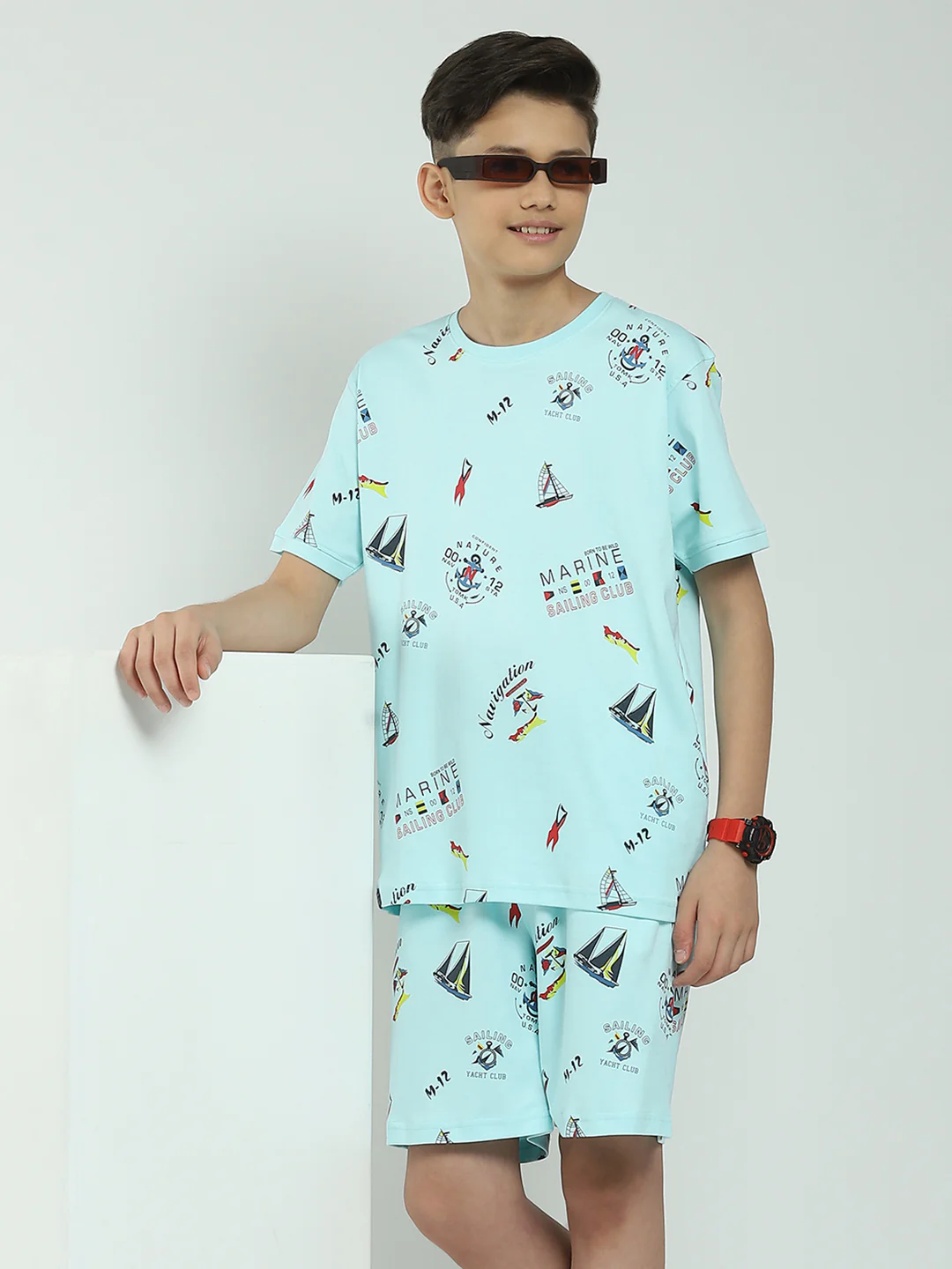 Boys Blue Printed Round Neck Half Sleeve Bermuda Set - Image 6