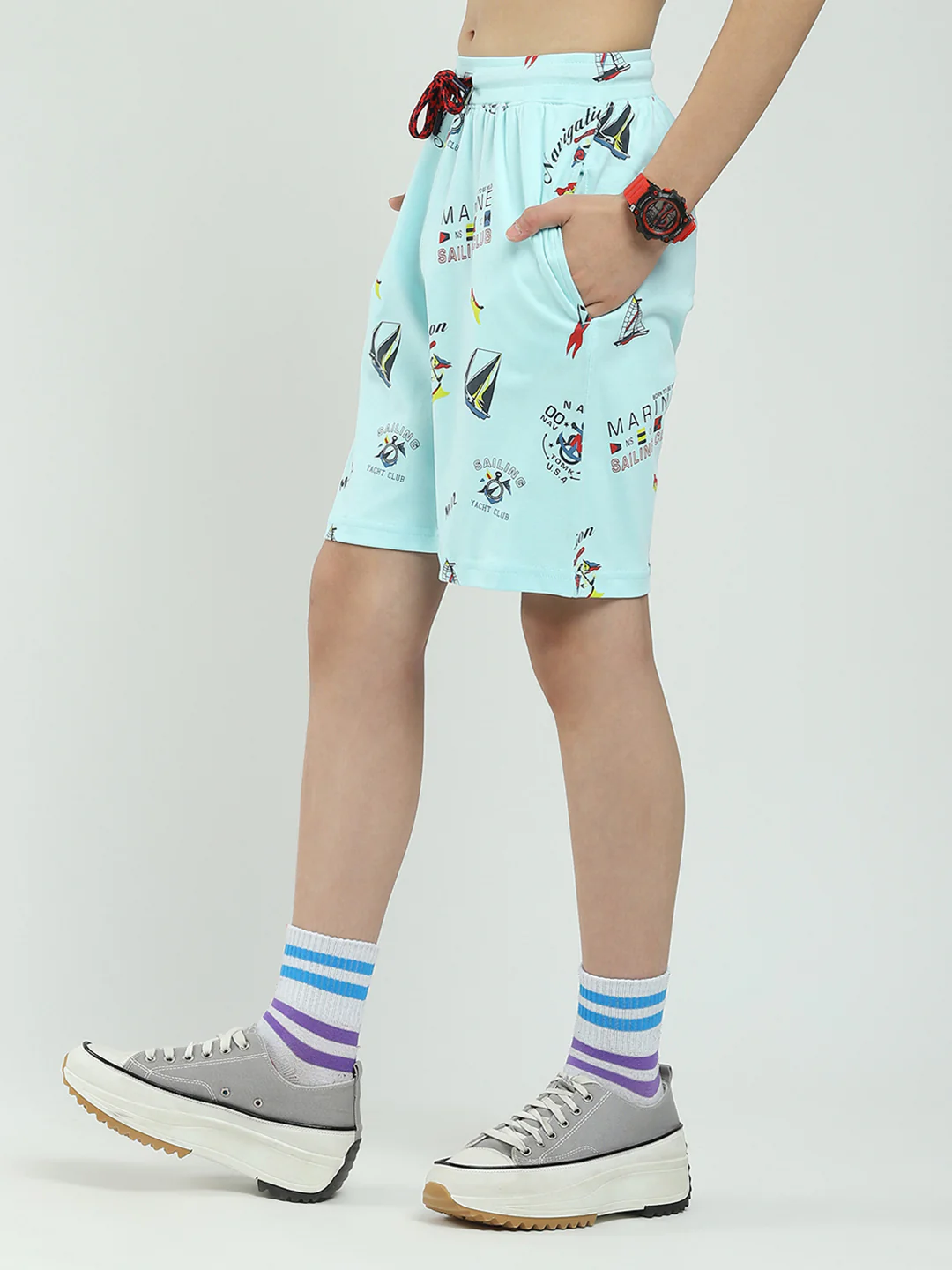 Boys Blue Printed Round Neck Half Sleeve Bermuda Set - Image 7