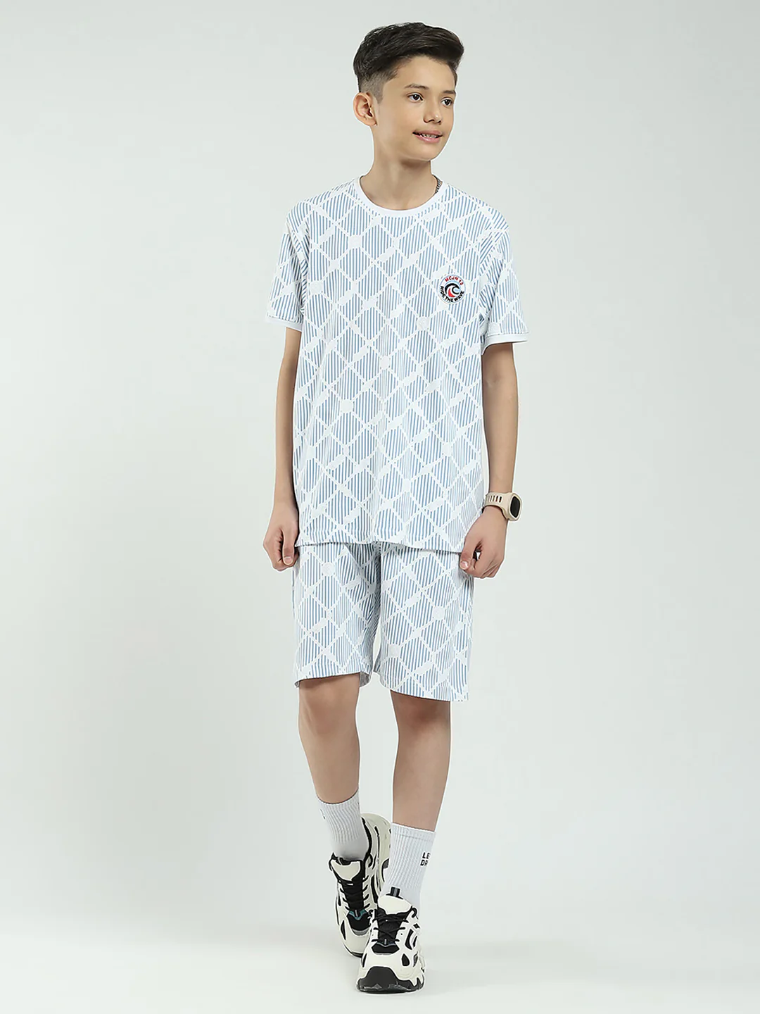 Boys Blue Printed Round Neck Half Sleeve Bermuda Set