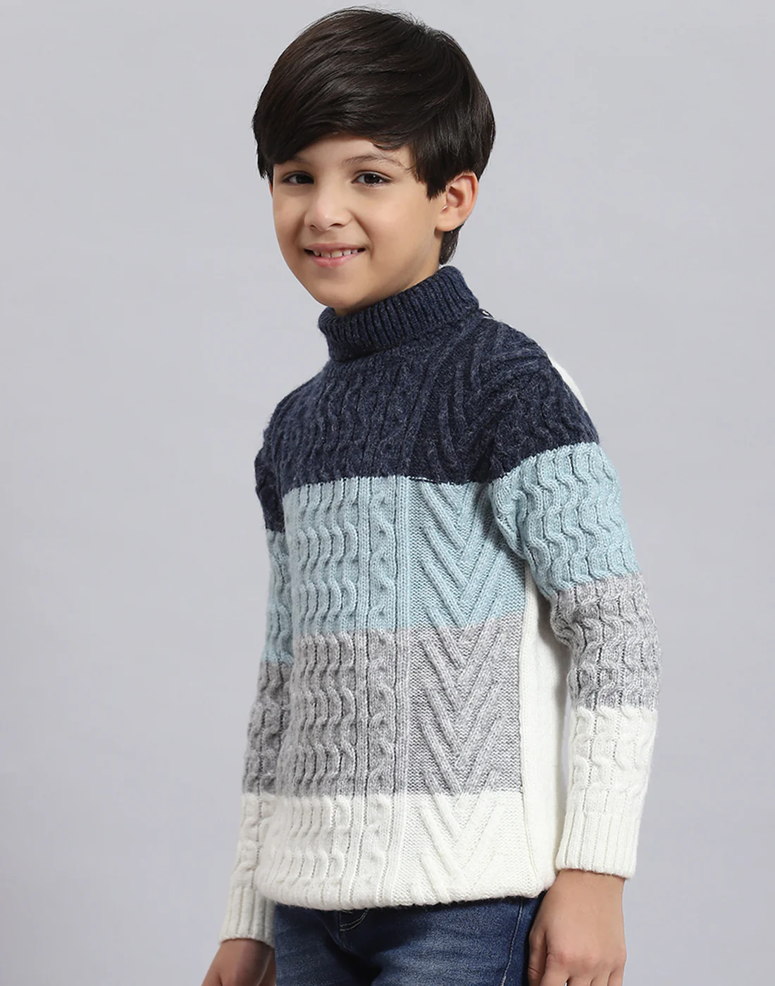Boys Blue Self Design H Neck Full Sleeve Sweater - Image 4