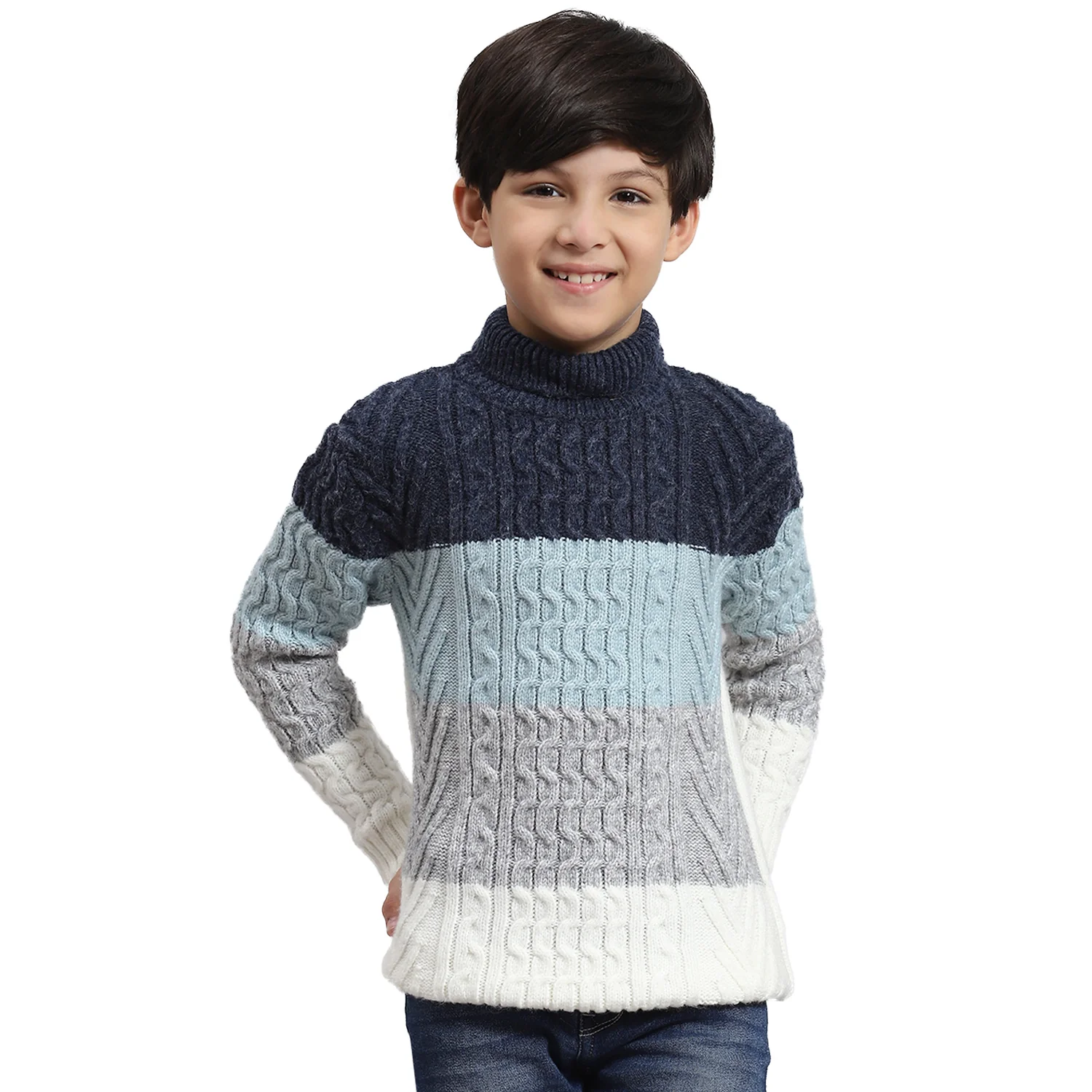 Boys Blue Self Design H Neck Full Sleeve Sweater - Image 5