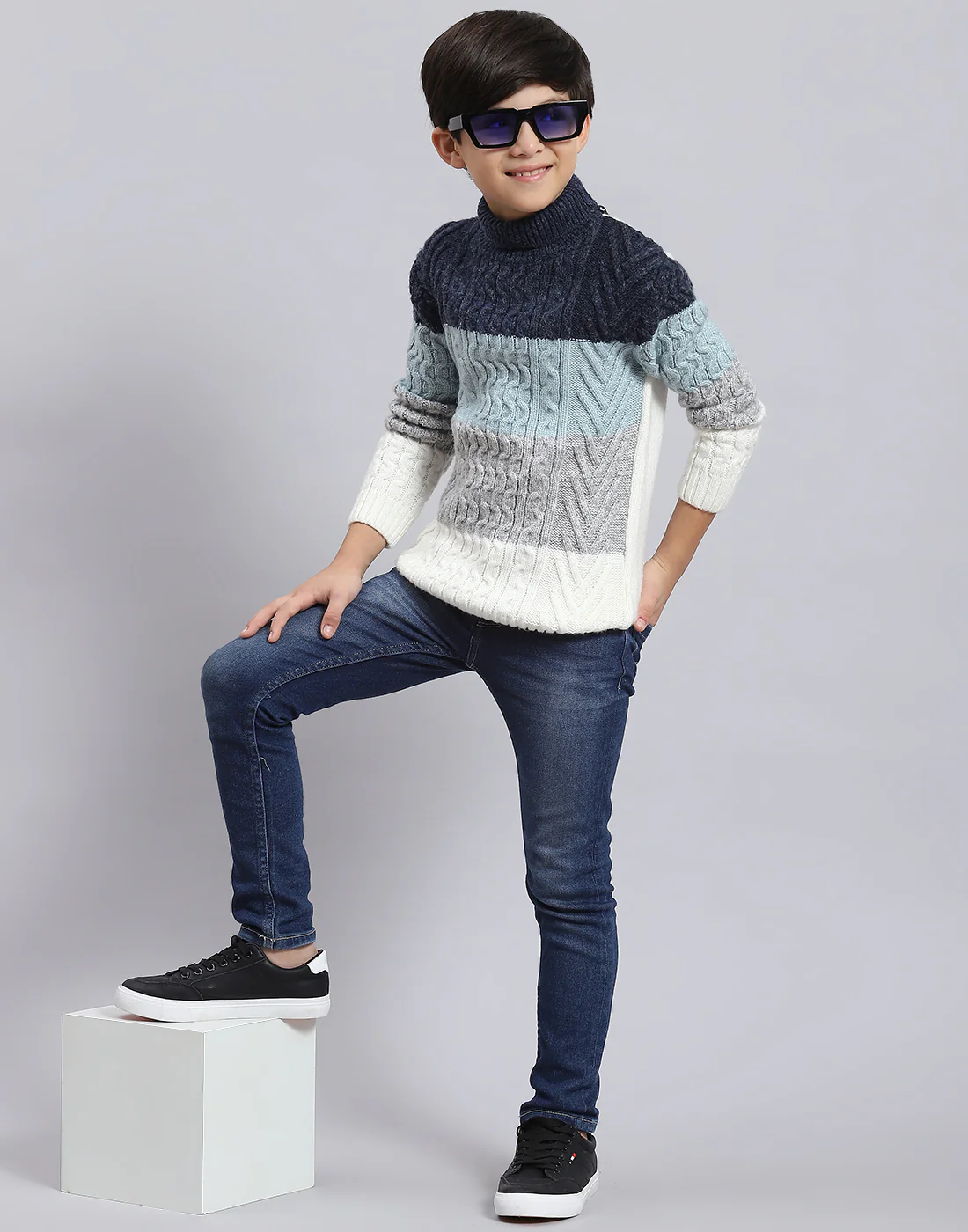 Boys Blue Self Design H Neck Full Sleeve Sweater - Image 7