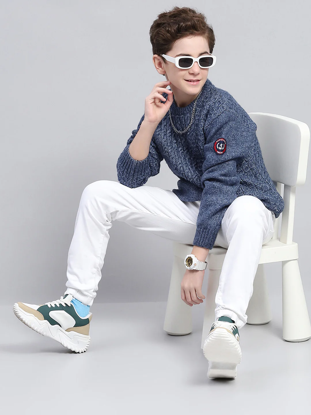 Boys Blue Self Design Round Neck Full Sleeve Pullover - Image 2