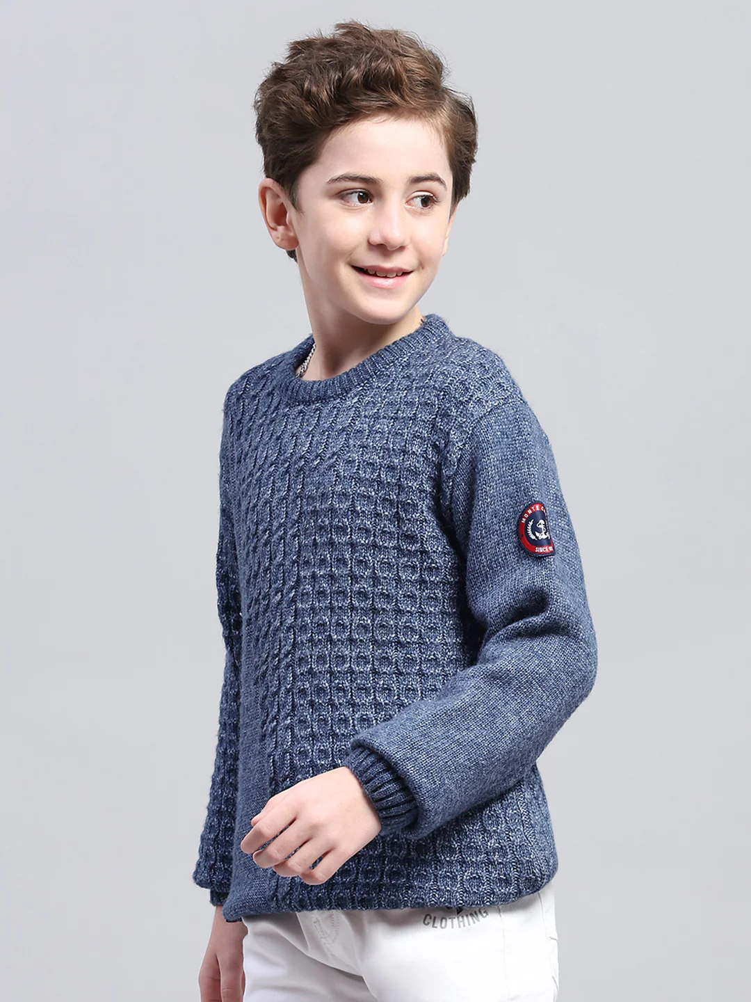 Boys Blue Self Design Round Neck Full Sleeve Pullover - Image 3