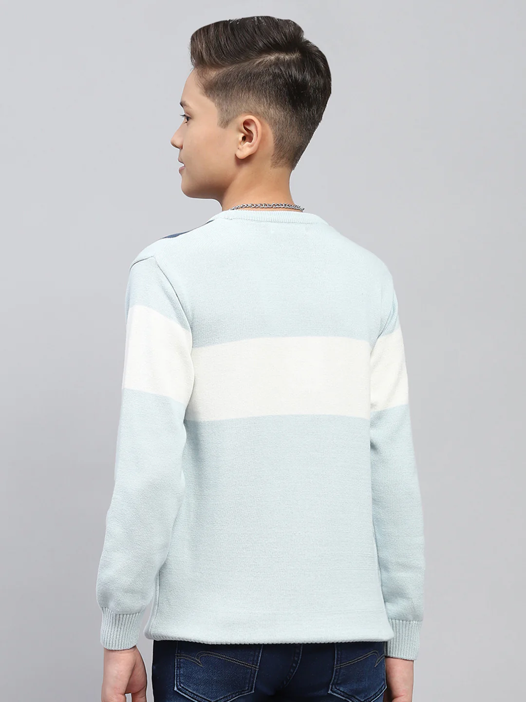 Boys Blue Self Design Round Neck Full Sleeve Pullover - Image 5