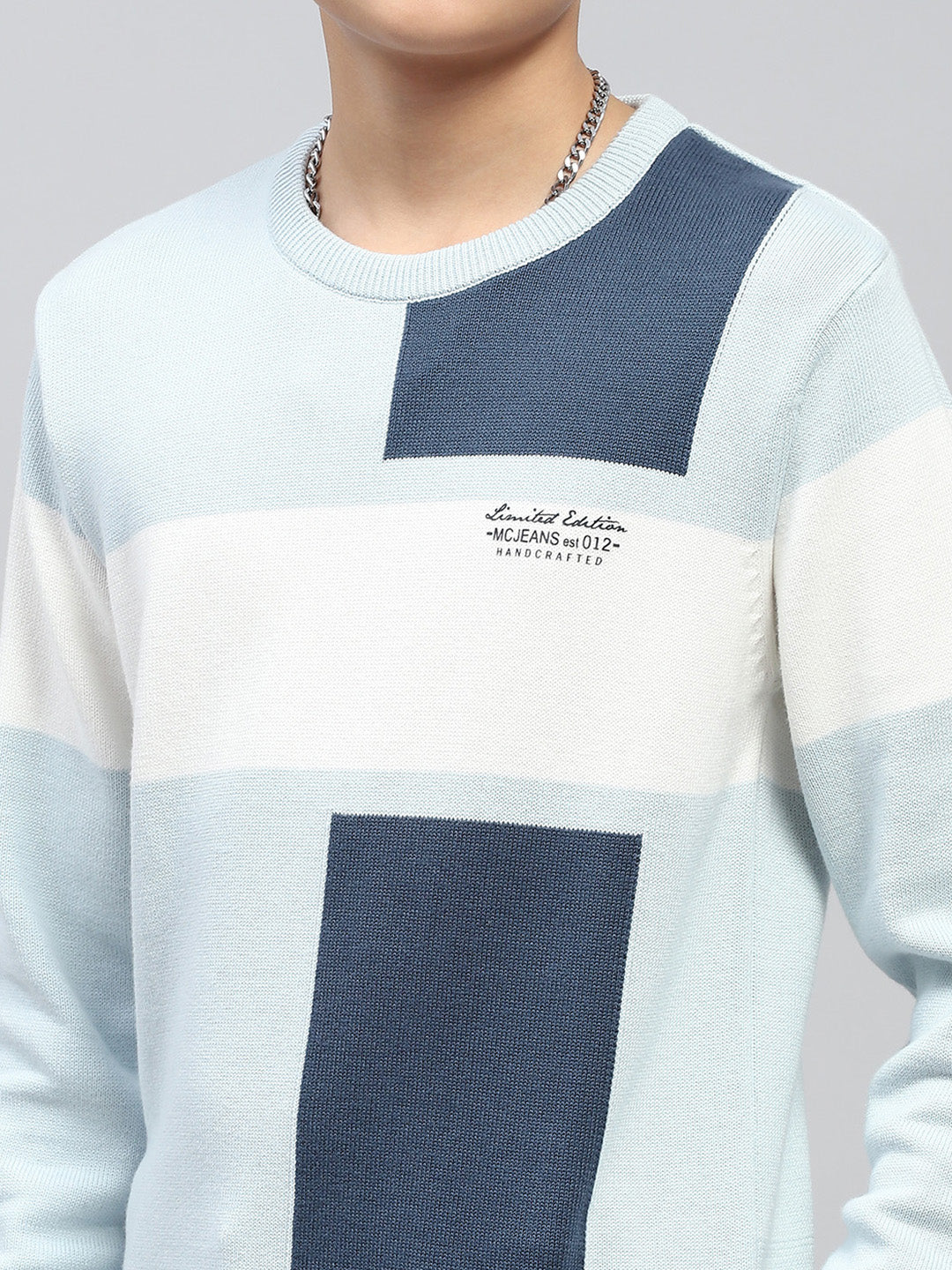 Boys Blue Self Design Round Neck Full Sleeve Pullover - Image 6