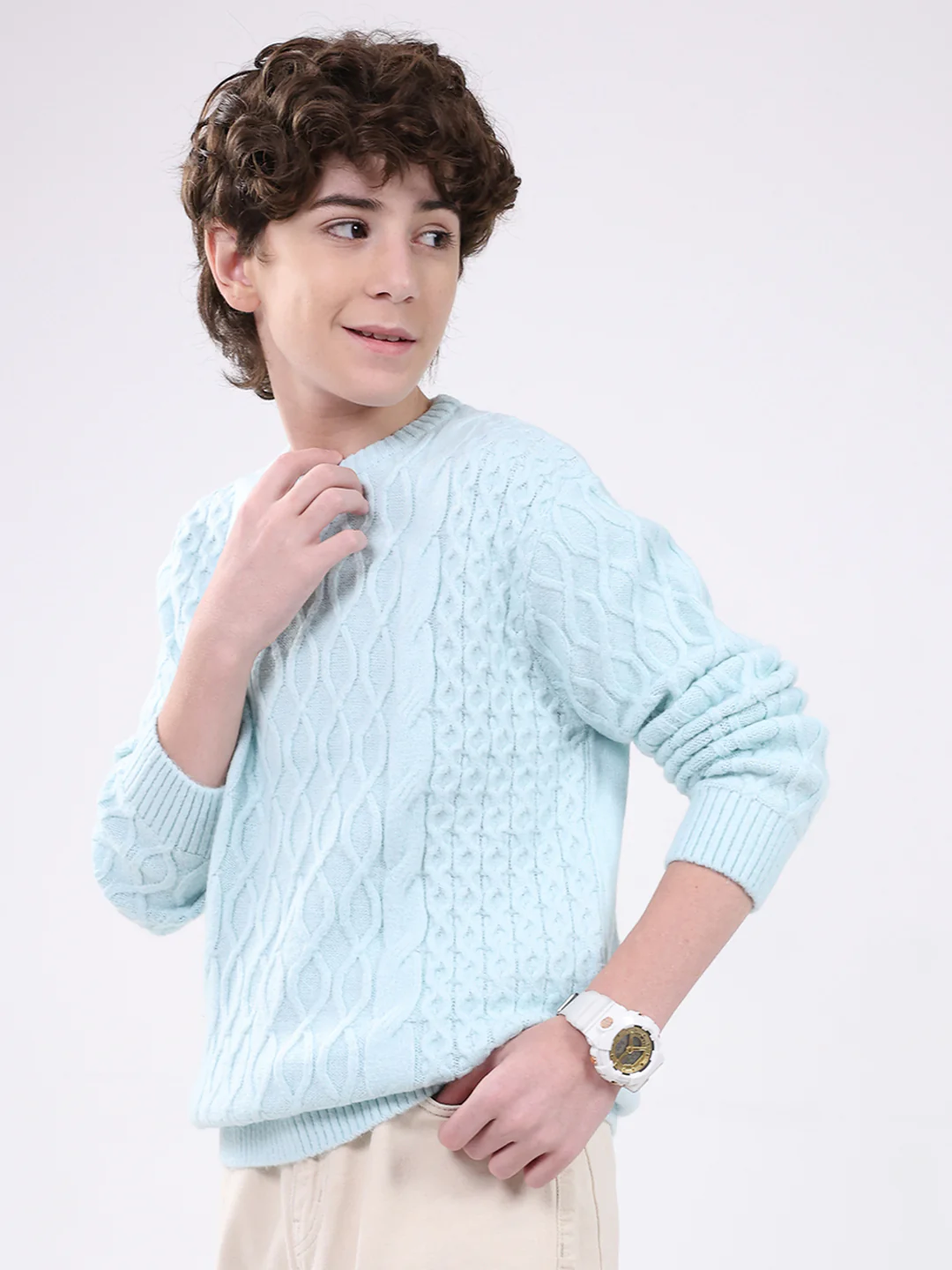 Boys Blue Self Design Round Neck Full Sleeve Pullover - Image 3