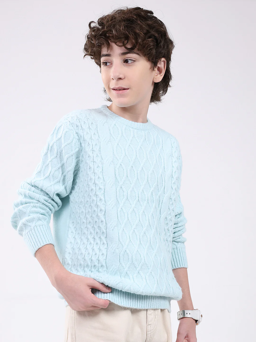 Boys Blue Self Design Round Neck Full Sleeve Pullover - Image 4