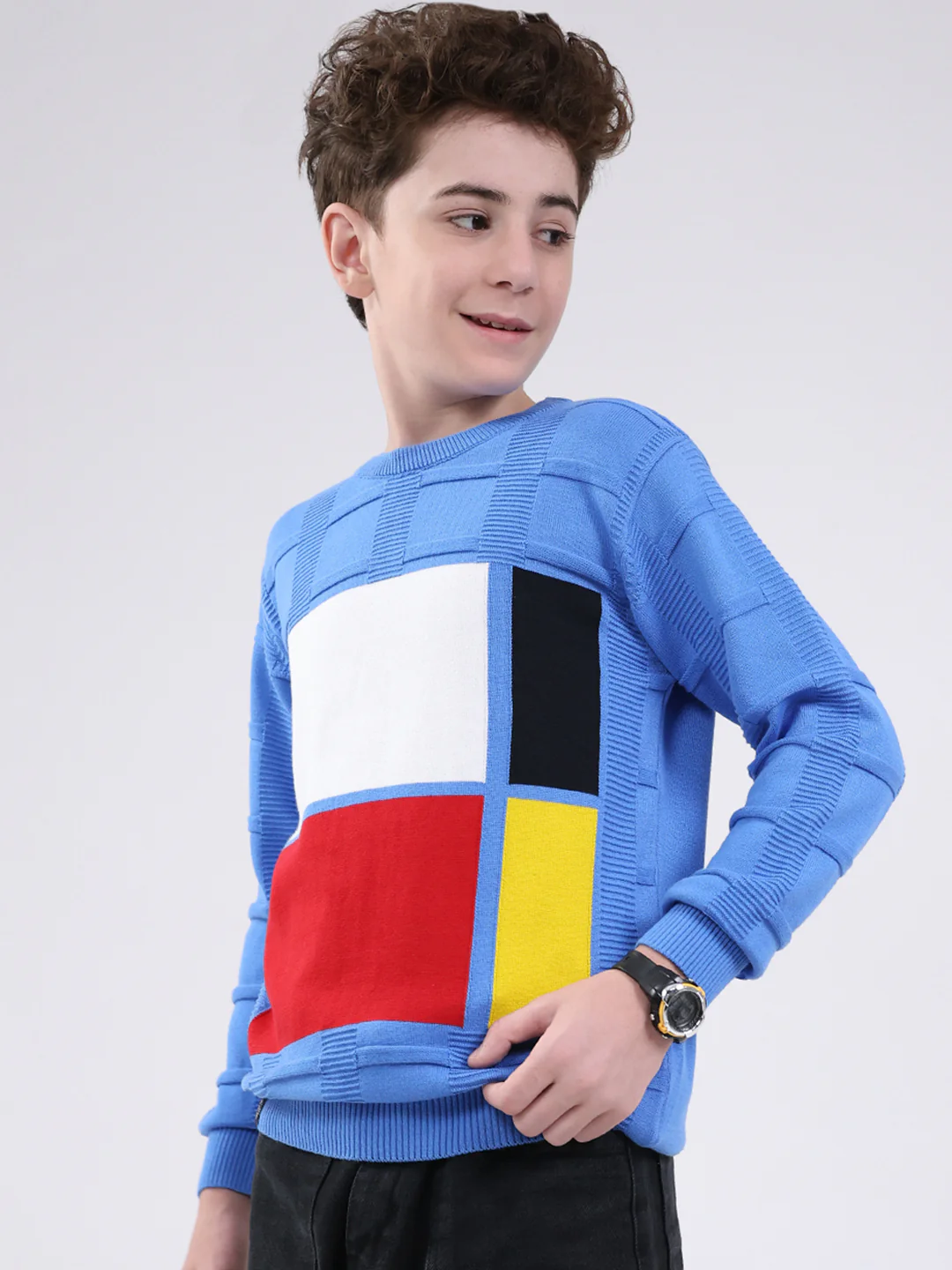 Boys Blue Self Design Round Neck Full Sleeve Pullover - Image 3