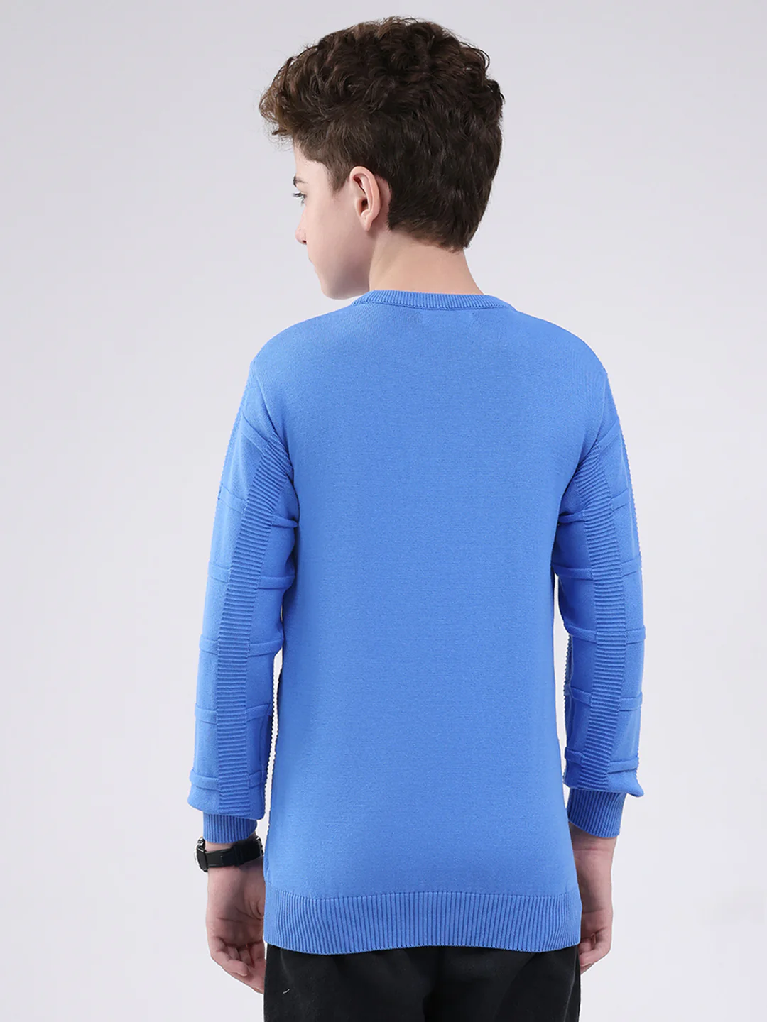 Boys Blue Self Design Round Neck Full Sleeve Pullover - Image 5