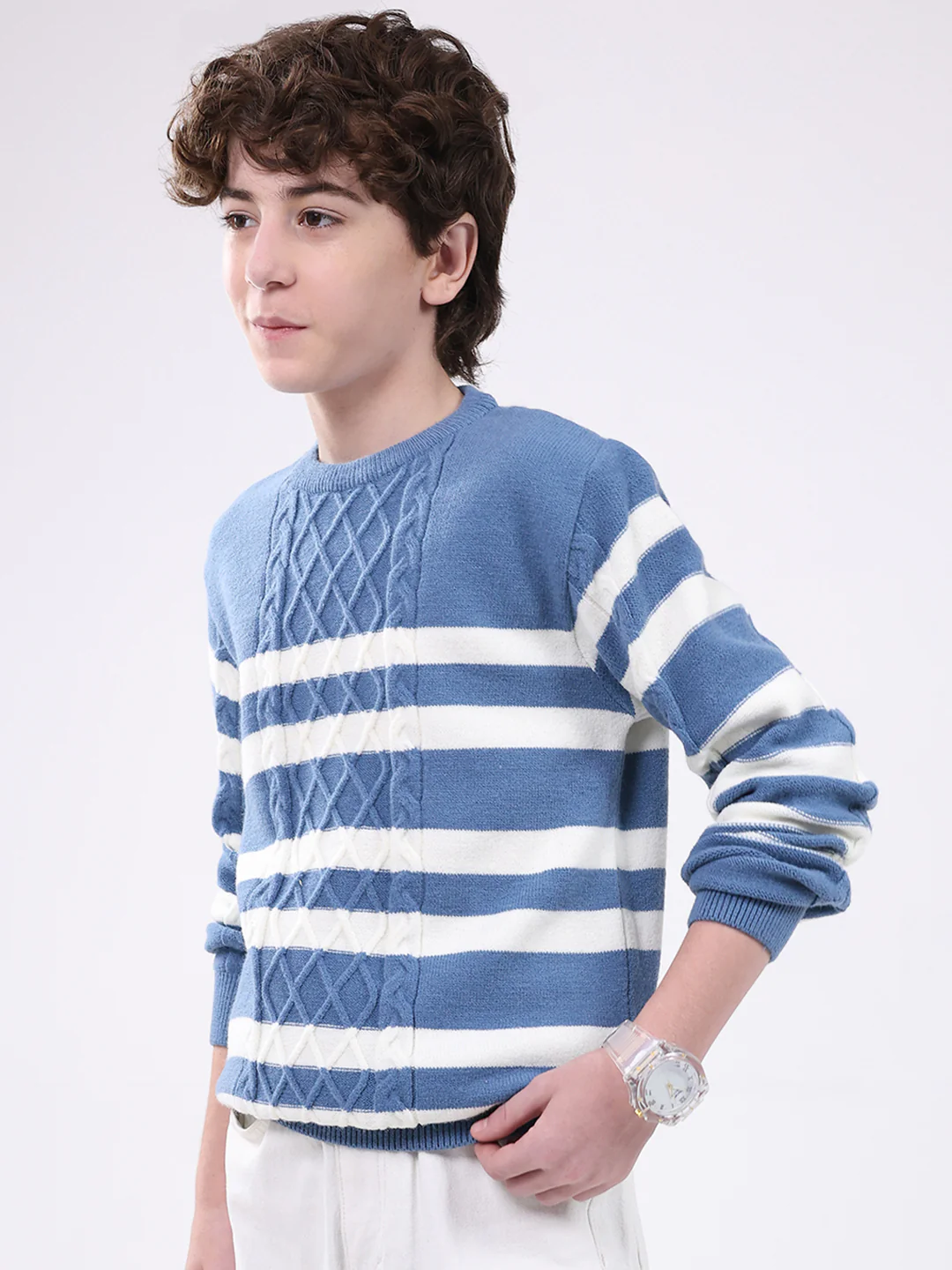 Boys Blue Self Design Round Neck Full Sleeve Pullover - Image 3
