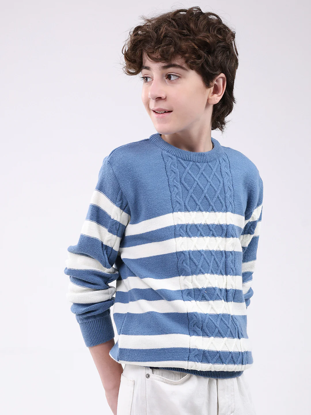 Boys Blue Self Design Round Neck Full Sleeve Pullover - Image 4