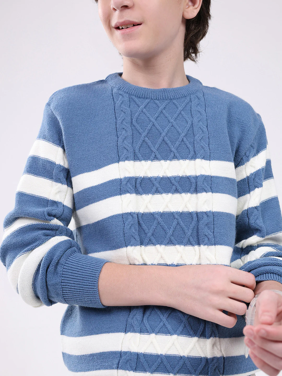 Boys Blue Self Design Round Neck Full Sleeve Pullover - Image 7