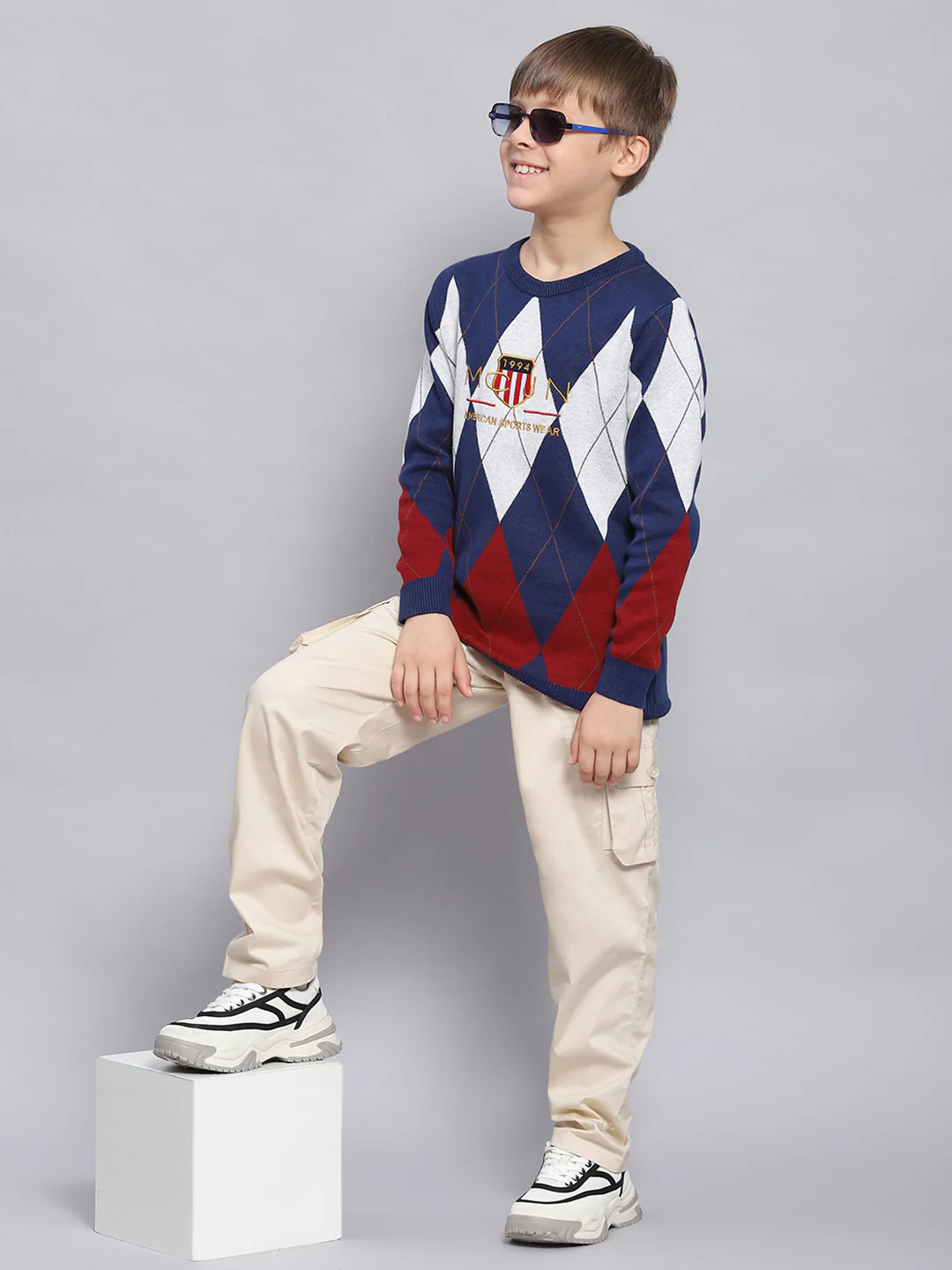 Boys Blue Self Design Round Neck Full Sleeve Sweater - Image 2