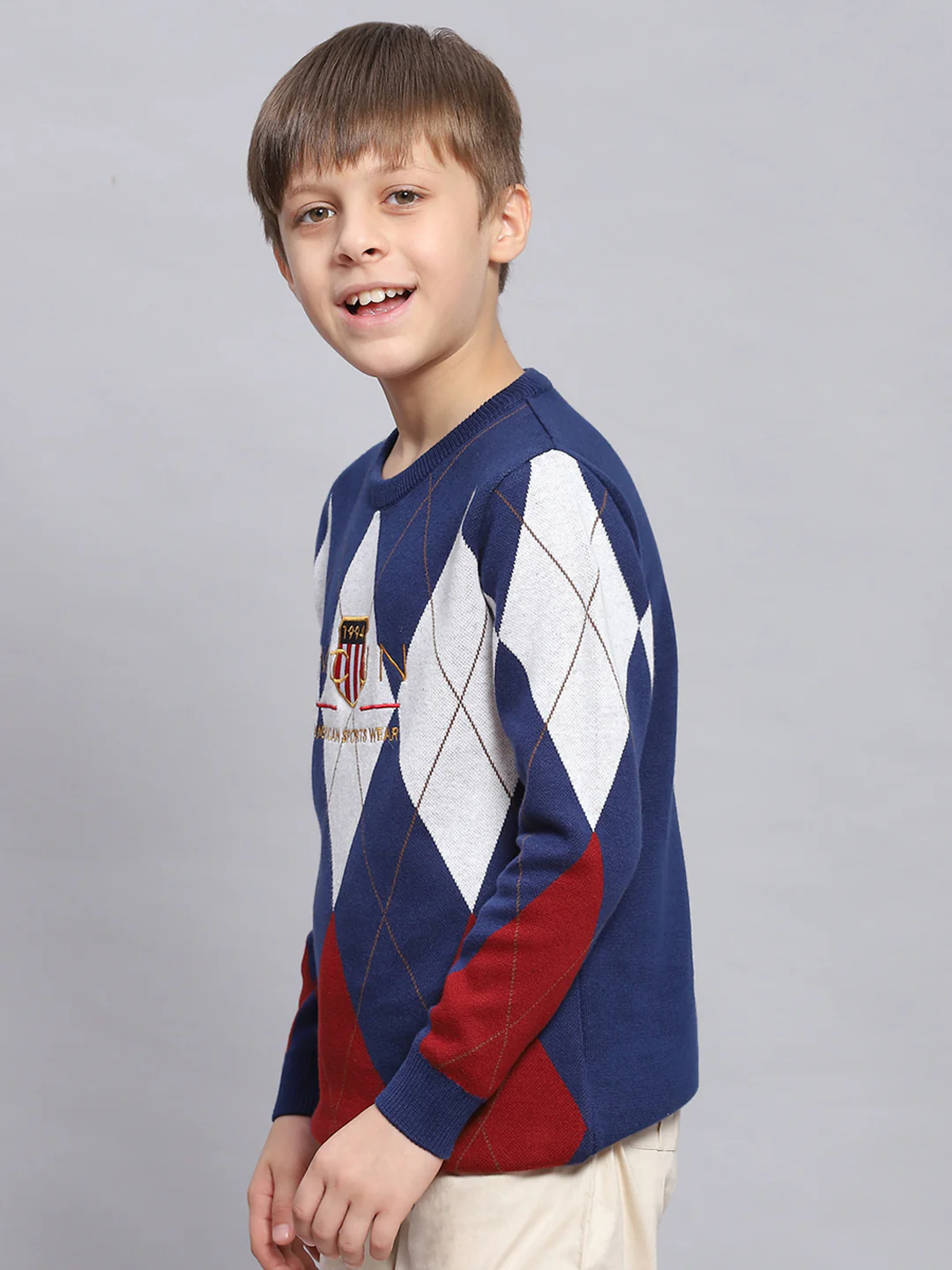 Boys Blue Self Design Round Neck Full Sleeve Sweater - Image 3