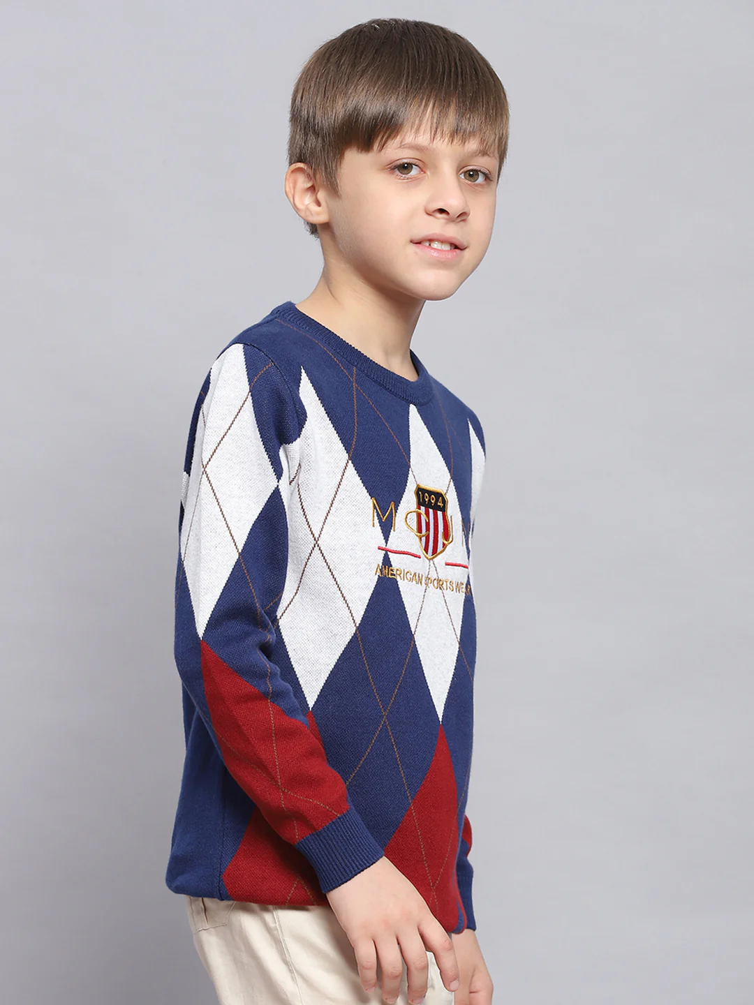 Boys Blue Self Design Round Neck Full Sleeve Sweater - Image 4