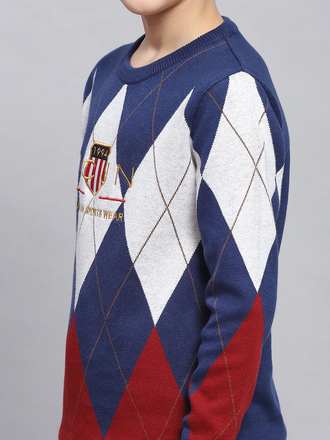 Boys Blue Self Design Round Neck Full Sleeve Sweater - Image 6