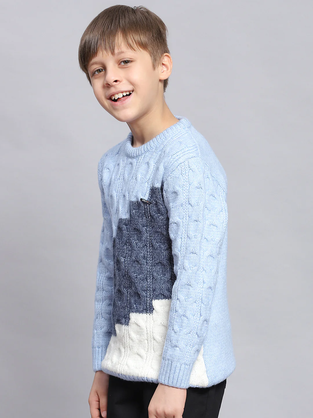 Boys Blue Self Design Round Neck Full Sleeve Sweater - Image 3