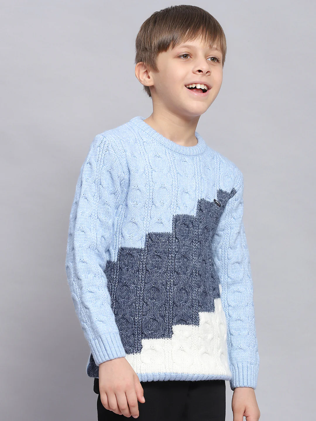 Boys Blue Self Design Round Neck Full Sleeve Sweater - Image 4