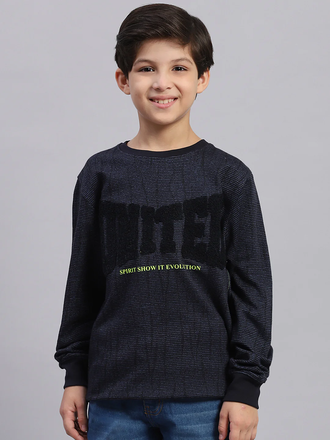 Boys Blue Self Design Round Neck Full Sleeve Sweatshirt - Image 2