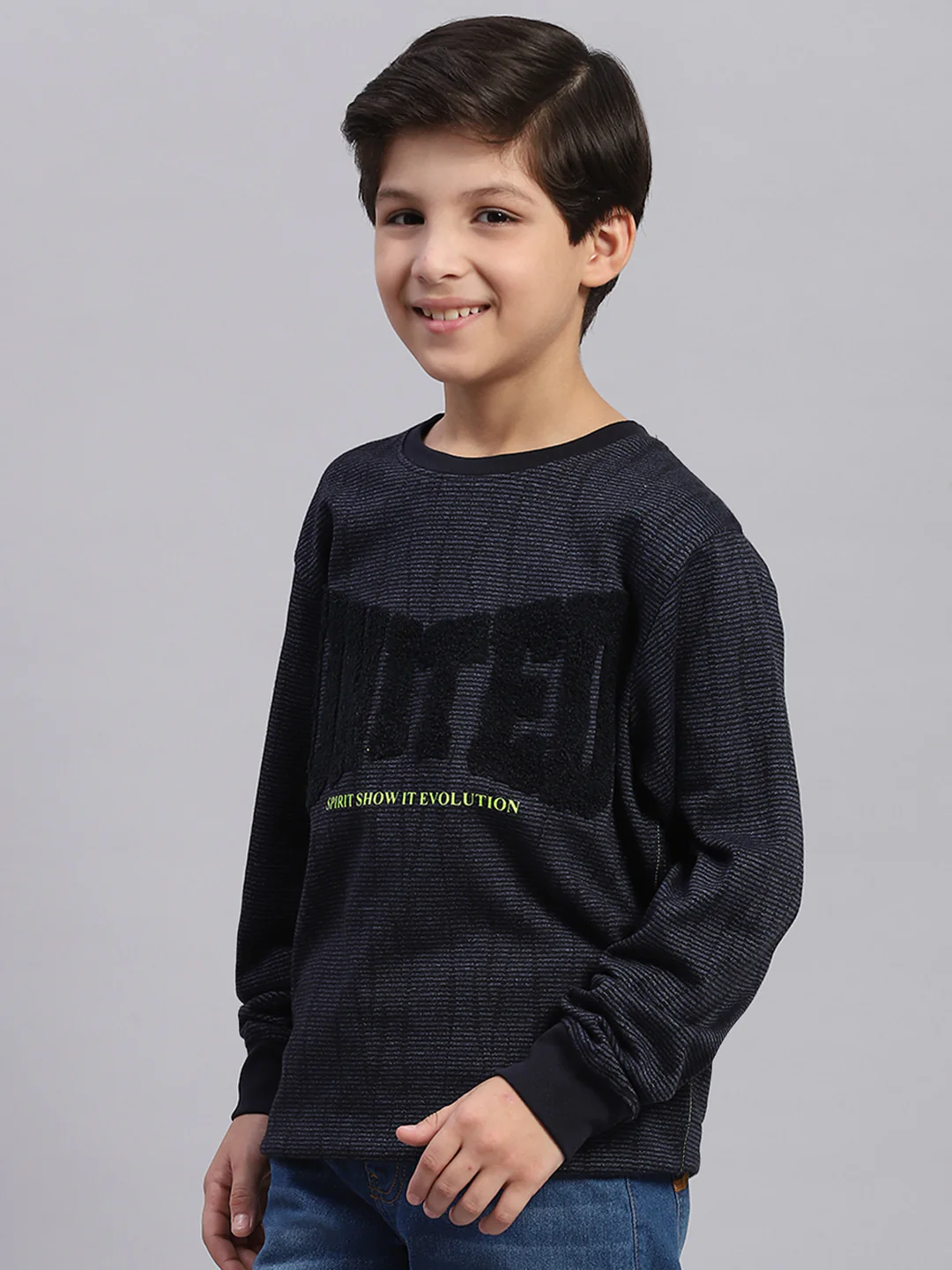 Boys Blue Self Design Round Neck Full Sleeve Sweatshirt - Image 3