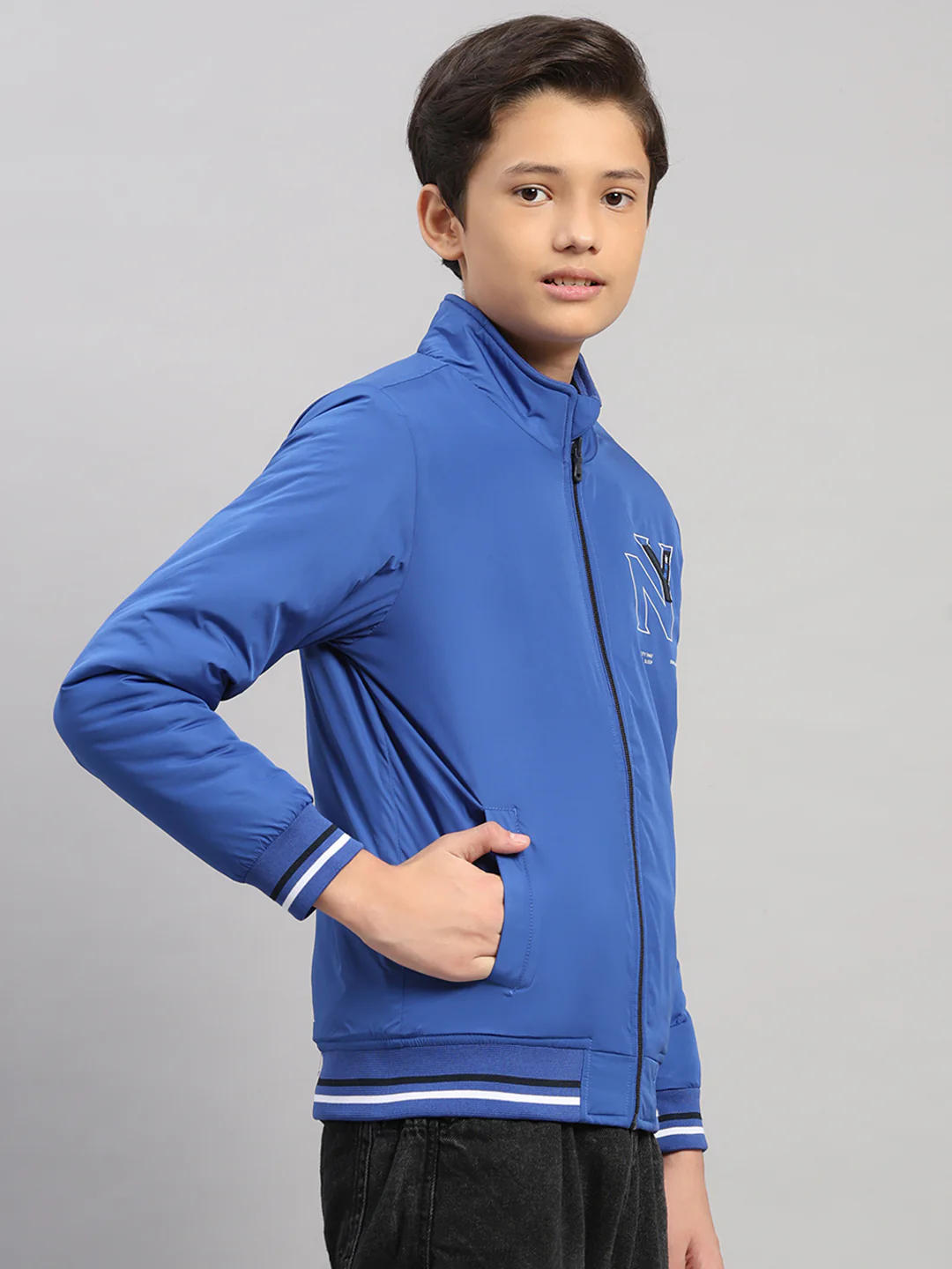 Boys Blue Solid Collar Full Sleeve Jacket - Image 4