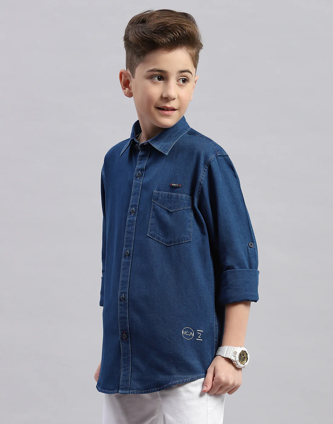 Boys Blue Solid Collar Full Sleeve Shirt - Image 3