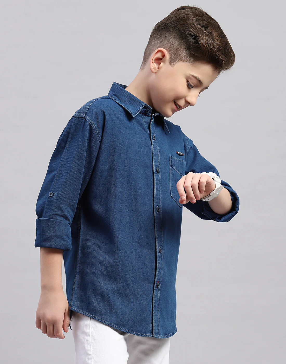 Boys Blue Solid Collar Full Sleeve Shirt - Image 4