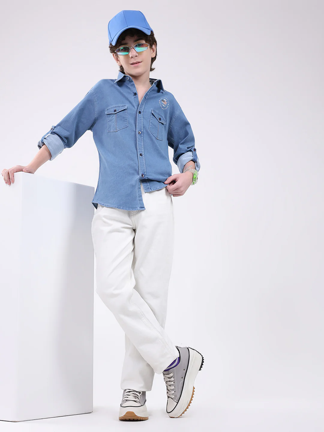 Boys Blue Solid Collar Full Sleeve Shirt - Image 2