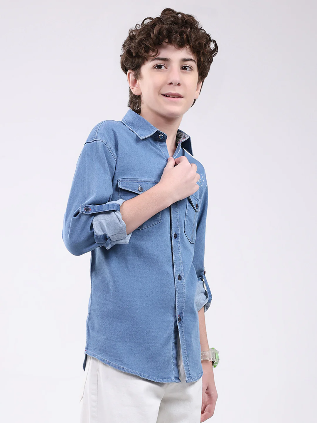 Boys Blue Solid Collar Full Sleeve Shirt - Image 4