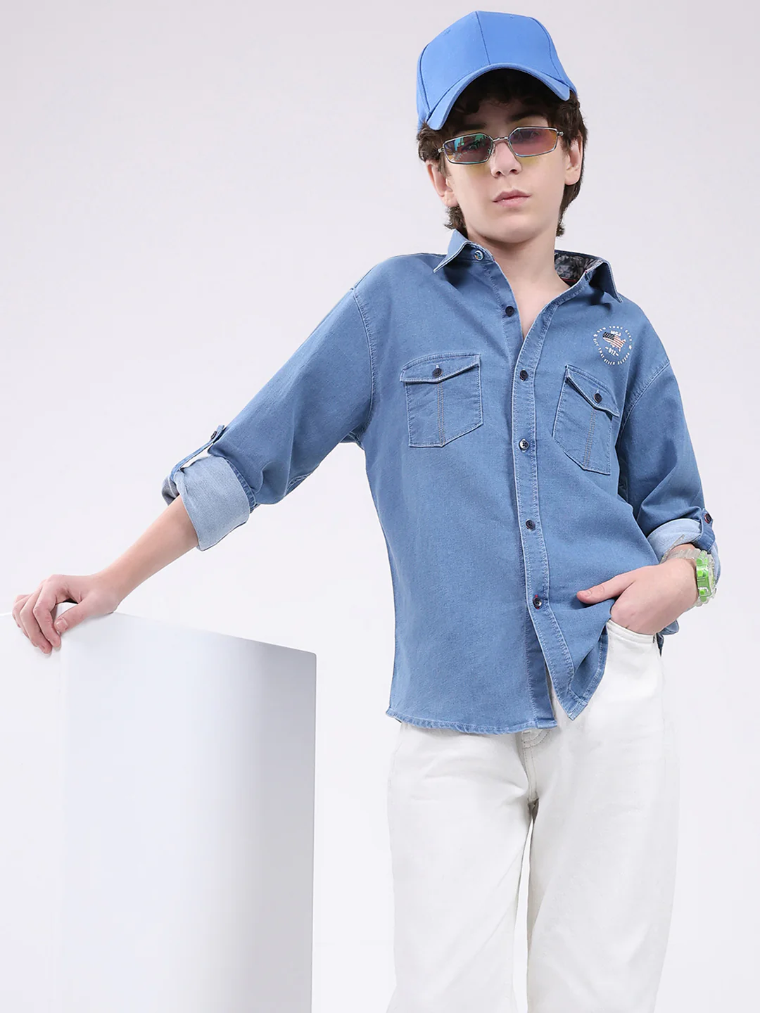 Boys Blue Solid Collar Full Sleeve Shirt - Image 6