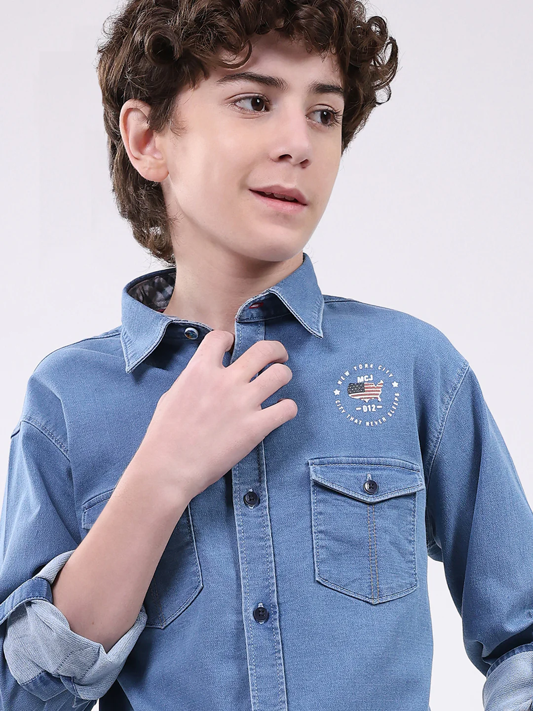 Boys Blue Solid Collar Full Sleeve Shirt - Image 7