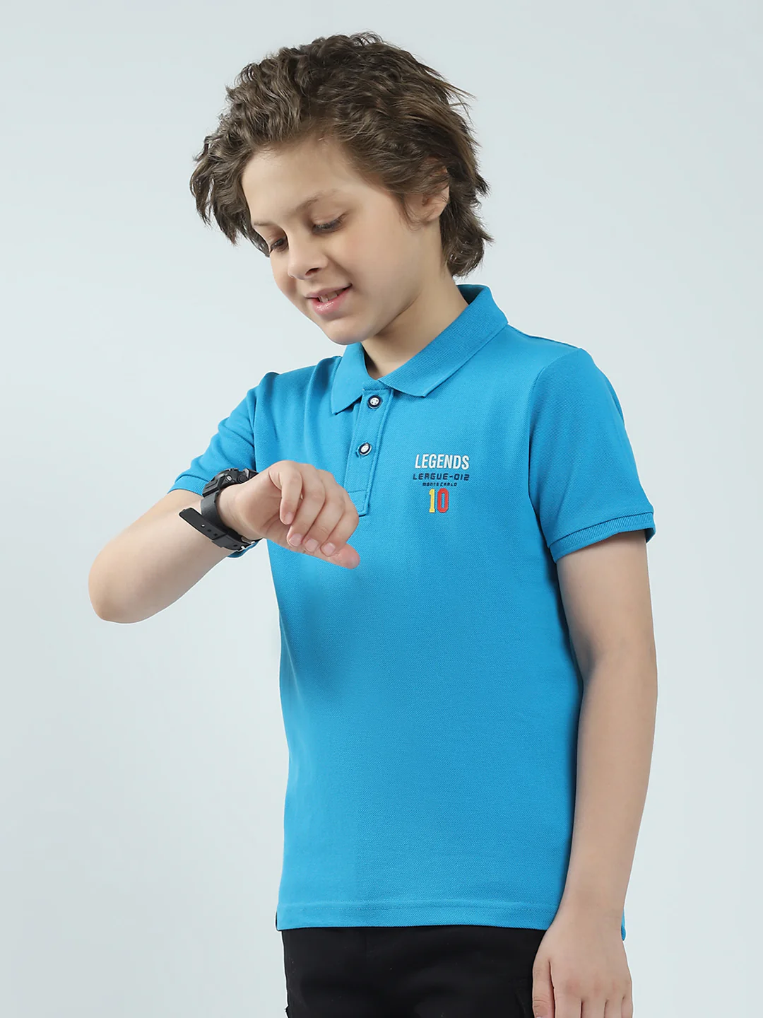 Boys Blue Solid Collar Half Sleeve T-Shirt - Image 3