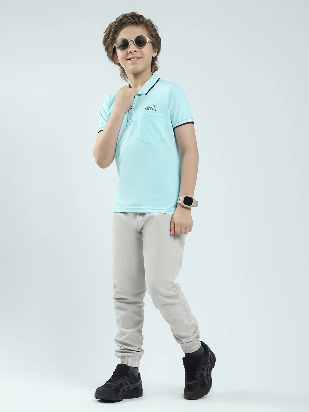 Boys Blue Solid Collar Half Sleeve T-Shirt - Image 2